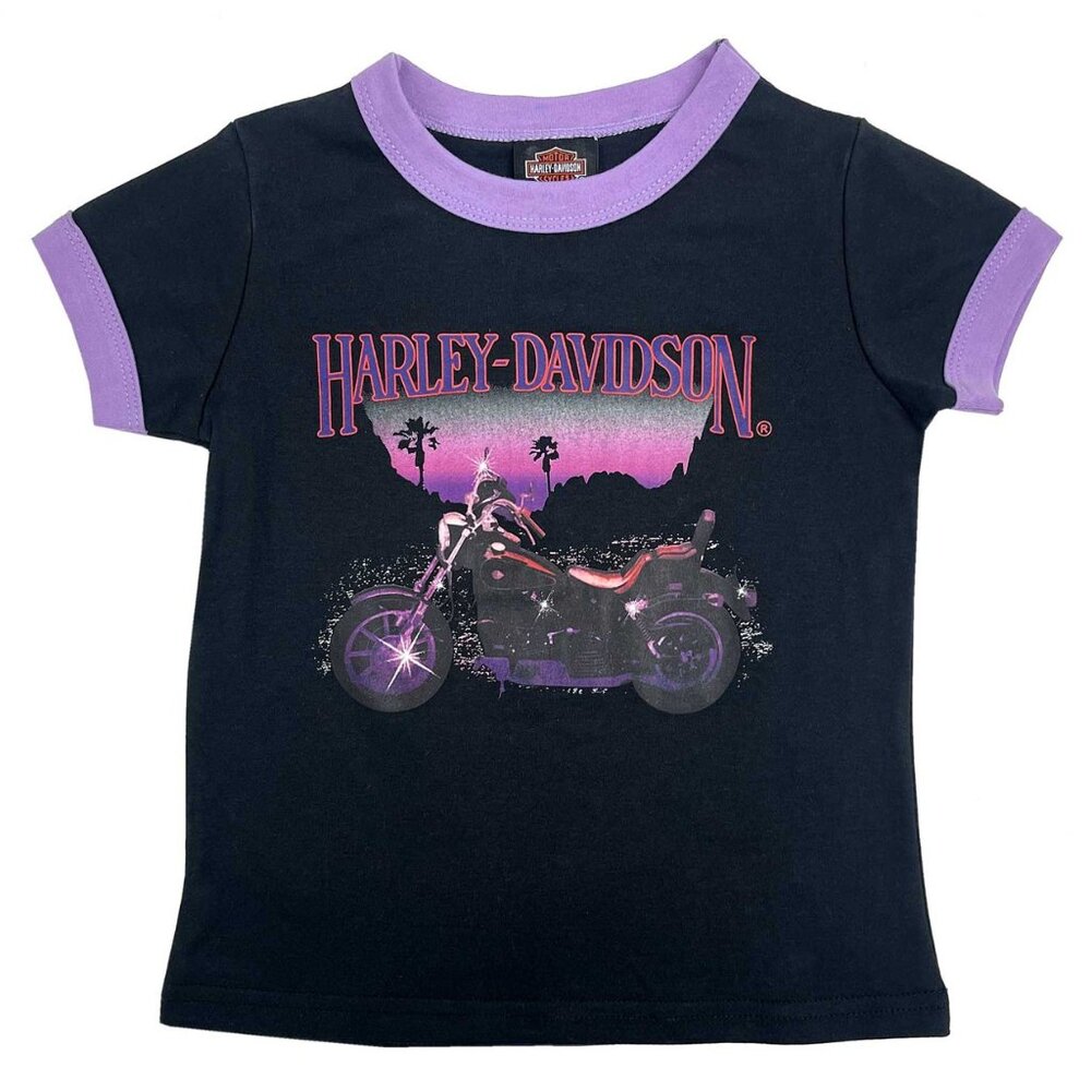 Harley-Davidson Little Girls' Glitter Short Sleeve Ringer Tee Black/Purple